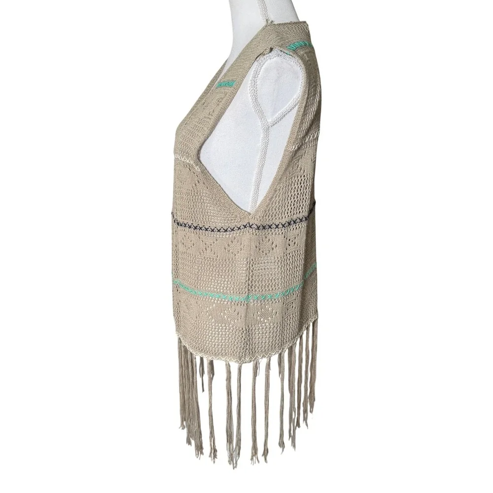 Umgee Tan Crochet Knit Fringe Vest 1XL Open Front Boho Festival *RUNS‎ SMALL